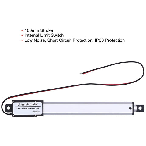 Compact 12V Mini Linear Actuator With No Fuss Operation Aluminum Tube Frame Rock Solid Durability Smooth 100mm Stroke with wires.