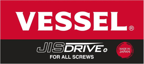 Red and black label featuring 'VESSEL' logo, 'JIS Drive for All Screws' text, and 'Made in Japan' emblem.