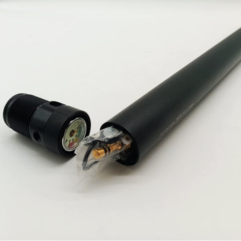 High Pressure Airgun Cylinder Barrel For Hatsan Long Bull Boss Fit 9.1 Inch Black Tube With Hidden Fill Probe And Built In Gauge, M18x1.5 And M30x1.5 Threads, No Extra Valve, Ready To Power Up Your Rig shown with gauge and hidden fill probe
