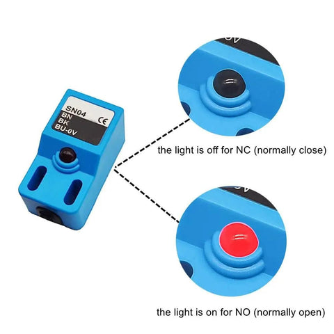 Inductive Proximity Sensor SN04 N2 NPN NC Normally Closed Switch with 4mm Range showing LED status for NC and NO modes