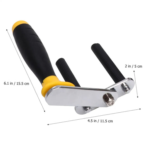 No Sweat Drywall And Gypsum Board Lifter Set Adjustable Angle Handles Lightweight One Pair Ceramic Tile Carrier close-up of black and yellow handle