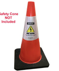 Reflective Safety Cone Collars Built For Electric Vehicle Techs To Highlight Nasty High Voltage Zones Around The Shop And Gonna Save Your Bacon During Any Quick Diagnostic Session 3 Pack on a traffic cone.