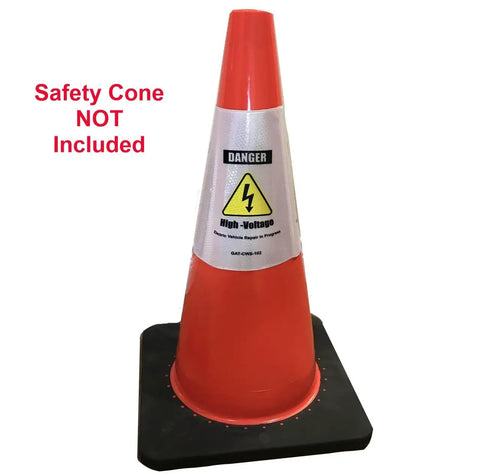 Reflective Safety Cone Collars Built For Electric Vehicle Techs To Highlight Nasty High Voltage Zones Around The Shop And Gonna Save Your Bacon During Any Quick Diagnostic Session 3 Pack on a traffic cone.