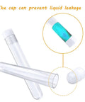 Clear Plastic Test Tubes With Rack 50 Pack, 10ml Capacity showing tube with liquid and cap preventing leakage