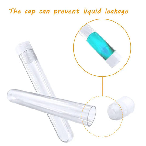 Clear Plastic Test Tubes With Rack 50 Pack, 10ml Capacity showing tube with liquid and cap preventing leakage