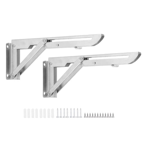 Stainless Steel Table Folding Shelf Bracket With Auto Locking Hinge Wall Mounted, shown with screws and wall plugs, 240mm length.
