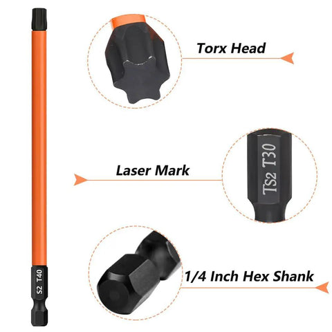 13-Piece Torx Bit Set For Impact Driver S2 Steel Magnetic Bits with detailed Torx head, laser mark, and 1/4 inch hex shank