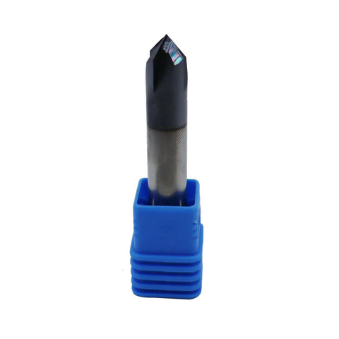 3/8in solid carbide end mill, double-ended chamfer mill, 4-flute, 90° chamfer, in blue plastic holder