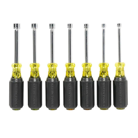 Metric Nut Driver Set 5mm 5.5mm 6mm 7mm 8mm 9mm 10mm With Pass Through Hollow Shafts and 3 Inch Chrome Plated Tips 7 Piece Hand Tool Kit for Quick Hex Tightening USA Made, featuring black and yellow handles, aligned in a row.