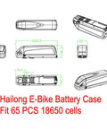 Badass Heavy Duty Ebike Battery Case Fit 65 Pcs 18650 Cells 48V Battery Box dimensions shown from multiple angles.