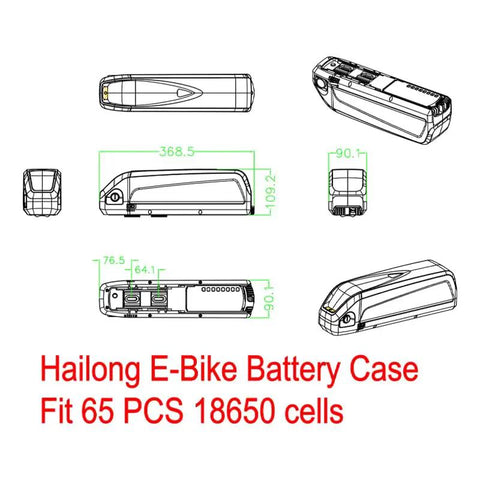 Badass Heavy Duty Ebike Battery Case Fit 65 Pcs 18650 Cells 48V Battery Box dimensions shown from multiple angles.