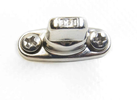 Built Tough Double Height Turn Button With Two Hole Stud And Stainless Steel Mounting Screws top view of nickel plated brass fastener