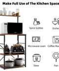 Solid Build Four Tier Wooden Storage Rack and Bakery Shelf for Your Kitchen or Living Room Featuring Rustic Industrial Charm Heavy Duty Microwave Oven Stand with No Sweat Assembly and Hella Tough Waterproof Finish displaying microwave and kitchen items.