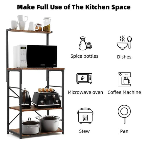 Solid Build Four Tier Wooden Storage Rack and Bakery Shelf for Your Kitchen or Living Room Featuring Rustic Industrial Charm Heavy Duty Microwave Oven Stand with No Sweat Assembly and Hella Tough Waterproof Finish displaying microwave and kitchen items.