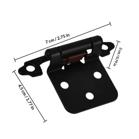 Heavy Duty Steel Cabinet Hinges With Self Closing Spring For RV Cabinets 2 Pack Half Overlay Design Easy Installation And Convenient Operation 1.5mm Thick Camper Cabinet Hardware showing details and dimensions.