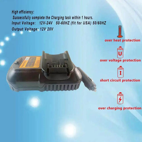 Car Battery Charger For 12V And 20V Max Lithium Batteries with protection features on a blue background