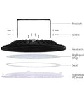 Exploded view of 10 Pack 200W UFO LED High Bay Light For Warehouse Garage Barn Workshop IP65 Waterproof Commercial Bay Lighting