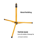 Base of Adjustable Telescopic Metal Archery Target Stand in Bright Yellow for Backyard Practice, showing tripod design
