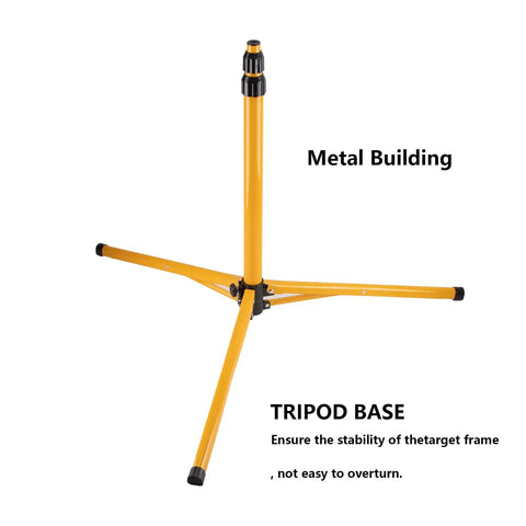 Base of Adjustable Telescopic Metal Archery Target Stand in Bright Yellow for Backyard Practice, showing tripod design