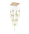 Modern 13 Bulb Pendant Ceiling Light Featuring Satin Gold Hardware And Clear Crystals hanging from a square ceiling mount.