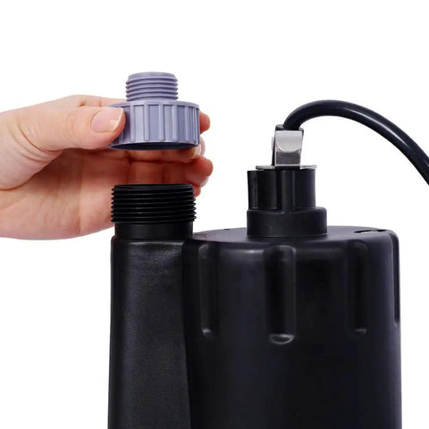 Hand attaching a cap on Badass 1/4 HP Submersible Sump Pump Shifts 2000 Gallons Daily, Tough Thermoplastic Build.