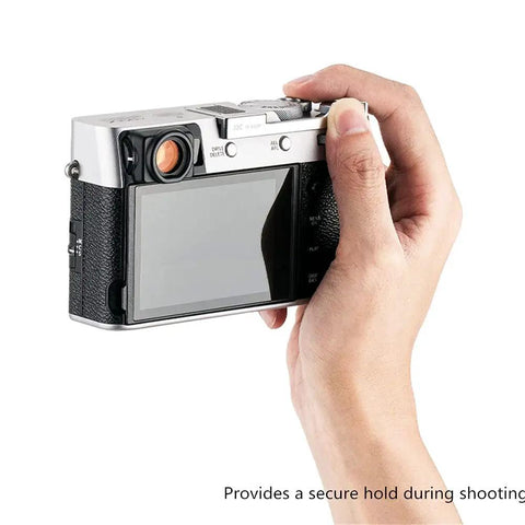 Deluxe Metal Thumb Up Grip For Fuji X100V X100F X-E4 X-E3 Cameras in use demonstrating secure hold and comfort