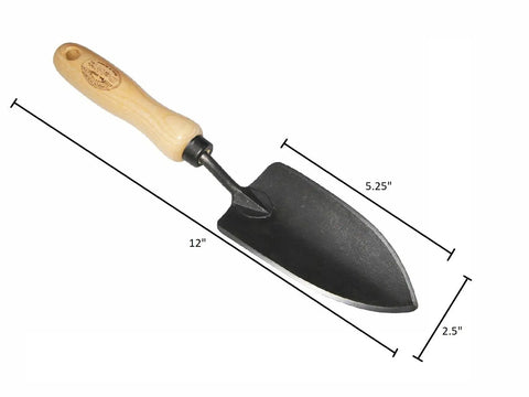 Two Piece Forged Garden Trowel Gift Set Includes Small And Large Trowels For Planting Digging Aerating And Weeding A Real Green Thumb Starter Kit Durable Dutch Made Hand Tools For The Gardener In Your Life showing a 12" trowel with wooden handle and blade dimensions
