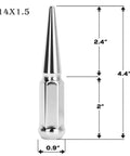 Spike Lug Nuts 14mmx1.5 Chrome 32 Piece Set With Closed End 60 Degree Cone Seat Includes Socket Key size diagram