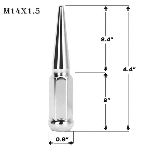 Spike Lug Nuts 14mmx1.5 Chrome 32 Piece Set With Closed End 60 Degree Cone Seat Includes Socket Key size diagram
