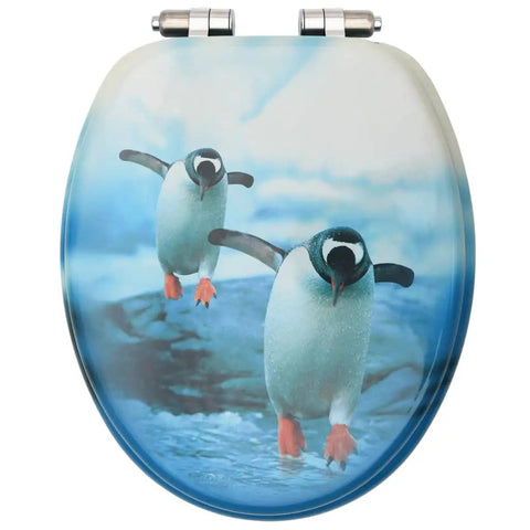 Top Tier Mdf Toilet Seat With Smooth Soft Close Lid, Clean Penguin Print Cover, Heavy Duty Zinc Hinges, Total Game Changer For Your Bath Setup.