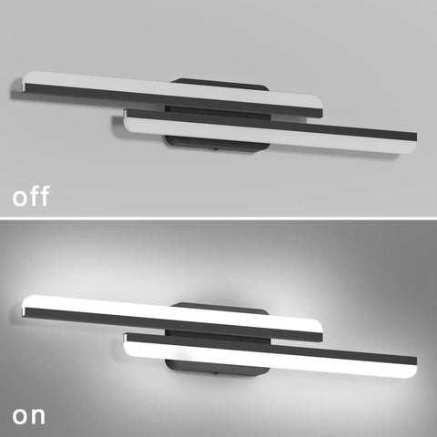 32 Inch Black LED Vanity Light For Bathroom With Frosted Aluminum Finish Dope Modern Vibe White Daylight 6000K 36W Matte Black Vanity Fixture Bright Vanity Lighting For Mirrors Cabinets And Powder Rooms, shown off and on