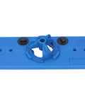 Premium 35mm Hinge Hole Saw Jig Kit For Woodworking Pros that shows the blue adjustable base with depth and spacing options.