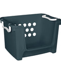Slick And Hella Spacious Open Front Stackable Storage Basket With Fold Over Handles Galactic Teal Plastic Organizer Bin, 21x13 inches.