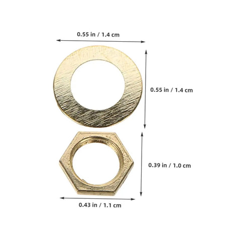 Gold 14 Piece DIY Clock Parts Kit For Metal Quartz Clock Repair includes golden washer and hex nut, dimensions shown.