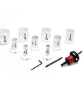 13 Piece Hole Saw Set With Quick Change Arbor And Quickcore Technology For Up To 10X Faster Core Ejection, Includes 3/4 Inch To 2 1/2 Inch Saw Sizes, showing saw pieces and arbor on white background