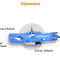 Electric Submarine Bath Toy For Kids, blue military model with dimensions, 11.5cm x 5cm x 32.5cm, floating and diving