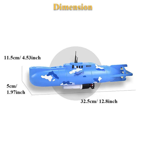 Electric Submarine Bath Toy For Kids, blue military model with dimensions, 11.5cm x 5cm x 32.5cm, floating and diving