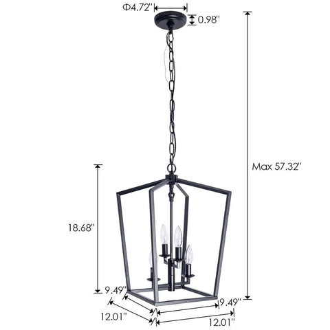 Industrial Black Pendant Light 4 Light Chandelier With Classic Metal Cage, Perfect For Farmhouse Entryway Dining Room Kitchen Island Or Foyer. 12x12x18.7 In Lantern with Adjustable 38.6 In Chain.