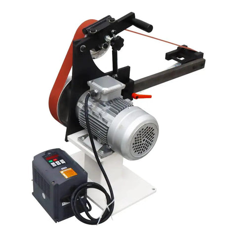 Heavy Duty Variable Speed Belt Sander And Knife Grinder Featuring Triple Grinding Wheels, Beefy Frequency Converter Base, 2000 Watt Motor with motor and sanding belt.