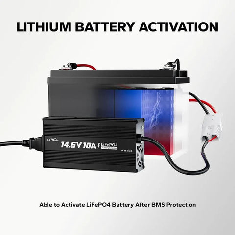Beefy 14.6V 10A Lithium Battery Charger for LiFePO4 Deep Cycle Batteries with Anderson Connector, connected to battery