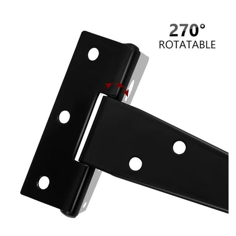 Close-up of Heavy Duty T Hinges Six Pack Rust Proof Iron Build with 270° rotation feature, ideal for barn doors.
