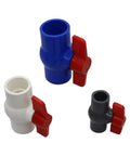 Three Super Durable PVC Ball Valves featuring precision leak proof sealing and smooth turning handles in blue, white, and gray.