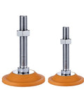 Beefy Carbon Steel Heavy Duty Leveling Feet Four Pack M16 By 150 Millimeter Threaded Adjustable legs with orange rubber bases.