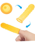 100 Pack Anti Static Latex Finger Covers For Joint Support And Blister Shield Heavy Duty Finger Guards, yellow latex sleeve on finger.
