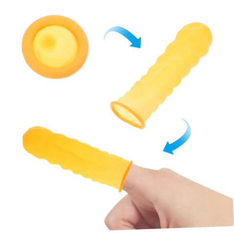 100 Pack Anti Static Latex Finger Covers For Joint Support And Blister Shield Heavy Duty Finger Guards, yellow latex sleeve on finger.