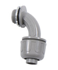 Hella Tough 1/2 Inch NPT 90 Degree RMC Conduit Connectors Bulk 60 Pack Steel Insert showing gray color and snap-fit design.