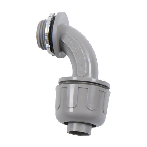 Hella Tough 1/2 Inch NPT 90 Degree RMC Conduit Connectors Bulk 60 Pack Steel Insert showing gray color and snap-fit design.