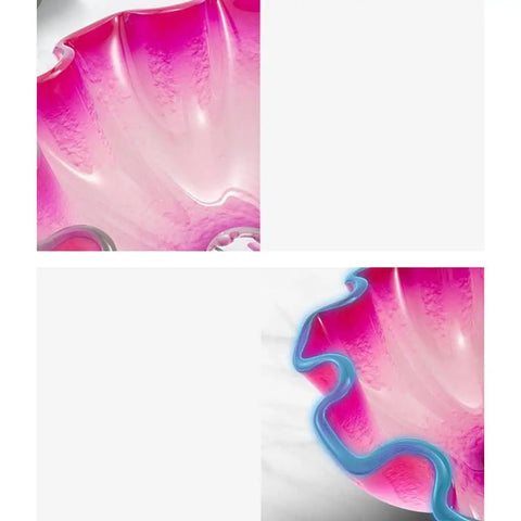 Close-up view of USZWBY Vessel Sinks Bathroom Vessel Sink Tempered Glass Wash Basin with vibrant pink color and ruffled edge.