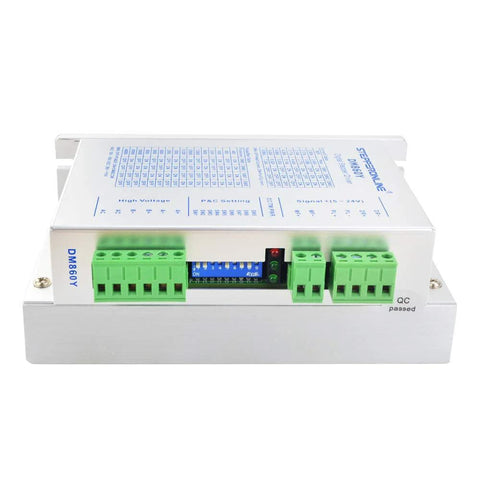 DM860V digital stepper motor driver module, STEPPERONLINE, with green screw-terminal blocks, front view