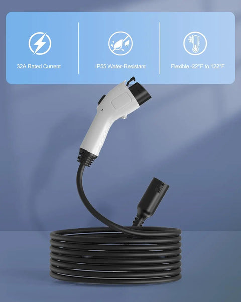 Heavy Duty J1772 EV Charging Extension Cord 21 Feet Of Sweet Reach 32 Amp Plug And Play Cable showing connector and coiled design.